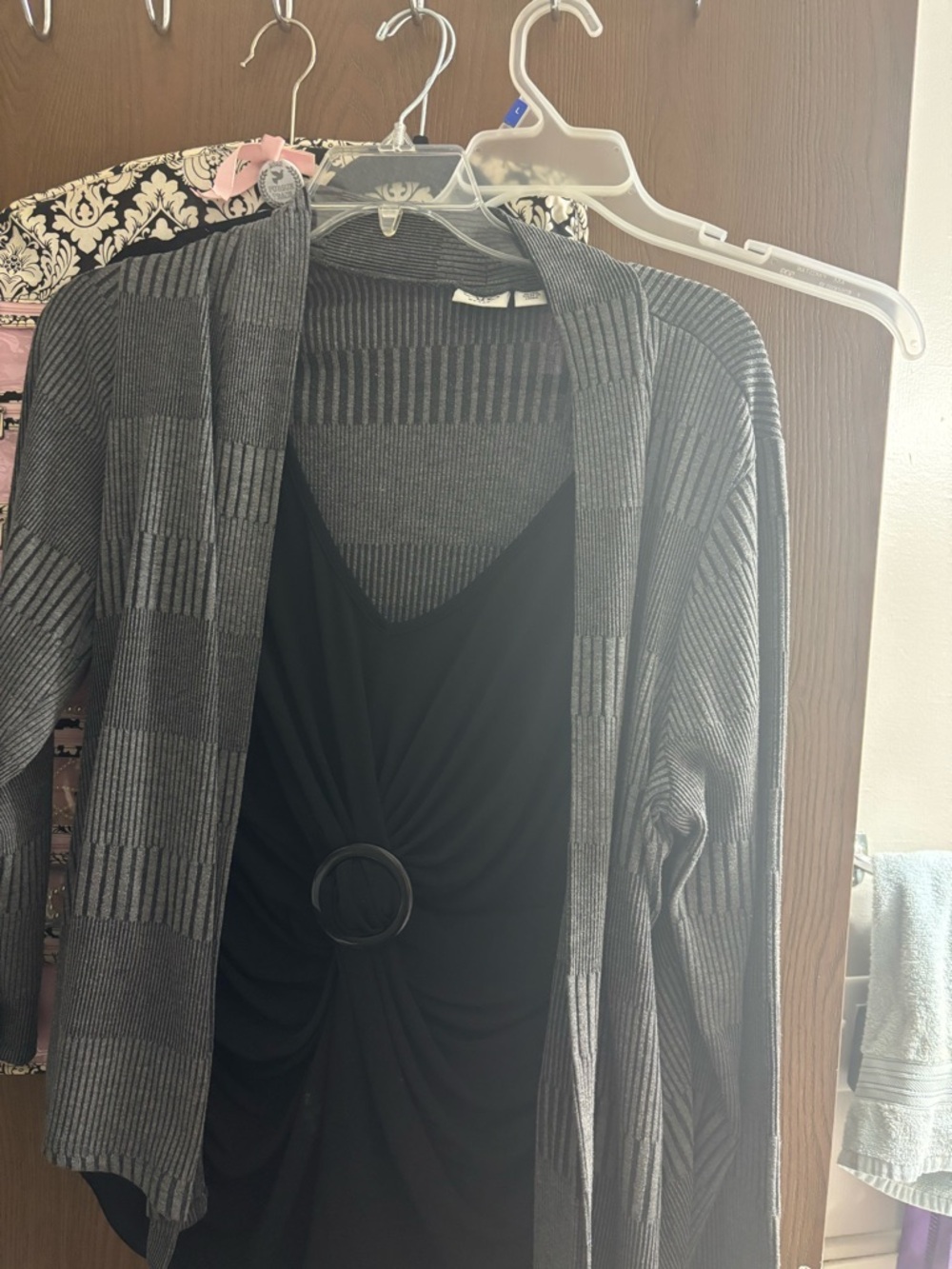 Women's Gray Patterned Open Cardigan Sweater and skirt